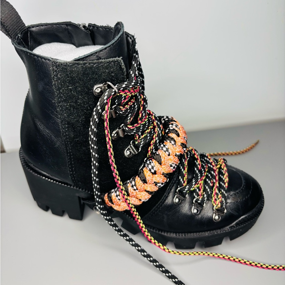 SCHUTZ Black Leather Combat Boots with Multicolor Laces